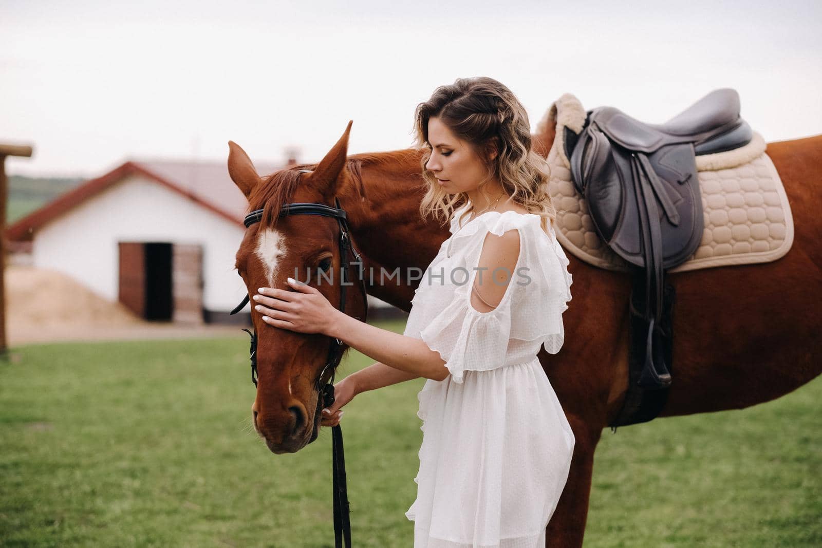 Beautiful girl in a white sundress next to a horse on an old ranch.