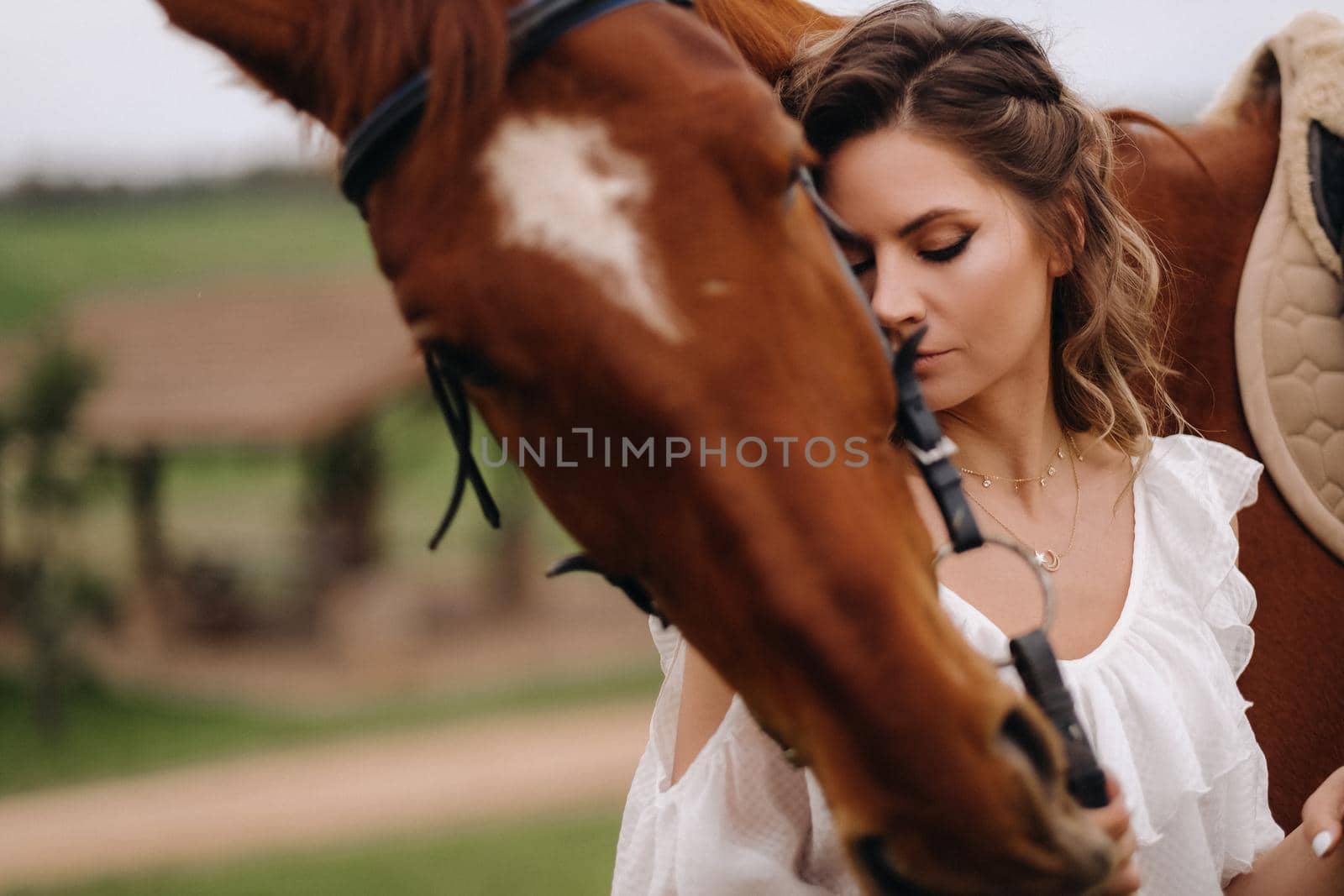 A girl in a white sundress stands next to a brown horse in a field in summer.