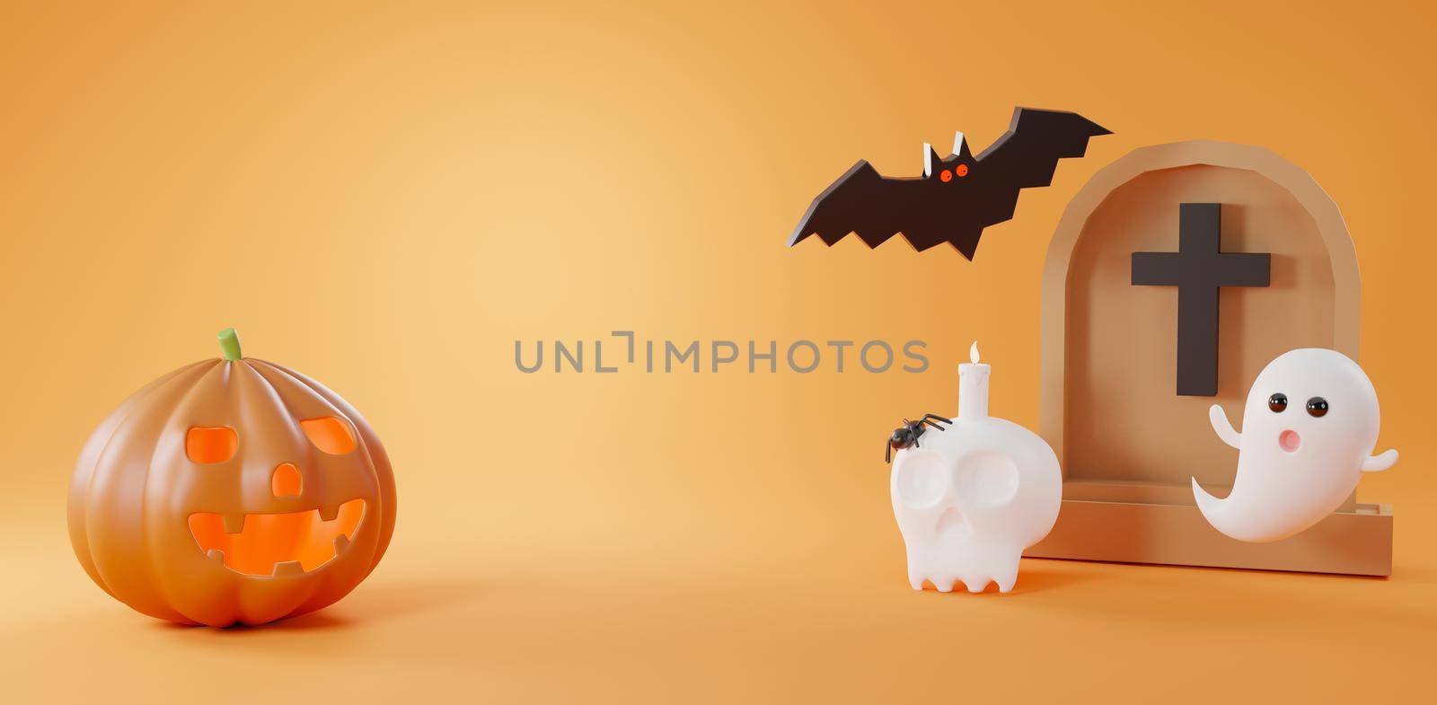 Halloween day background concept. Cute gravestone pumpkin ghost, candle on the skull and bat on yellow background, Autumn holidays, 3D render