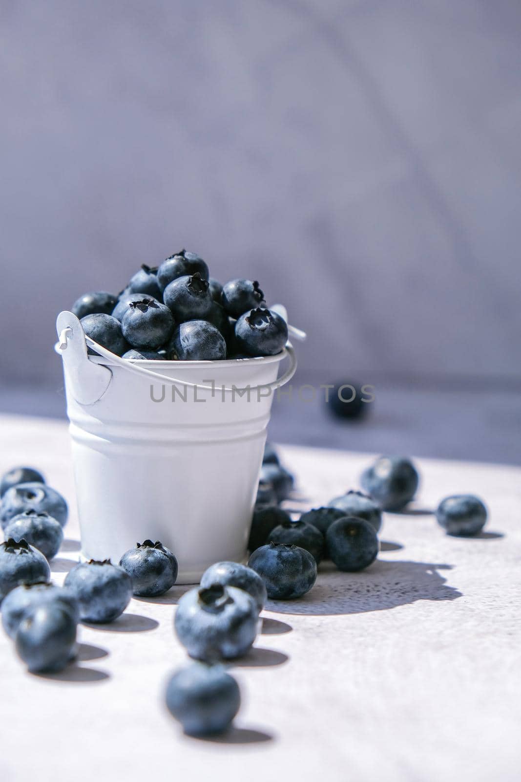 Blueberries in a small Bucket on concrete background. Healthy organic seasonal fruit background. Organic food. Healthy summer snack. Copy space Superfood. Good vision. Keep eyes healthy