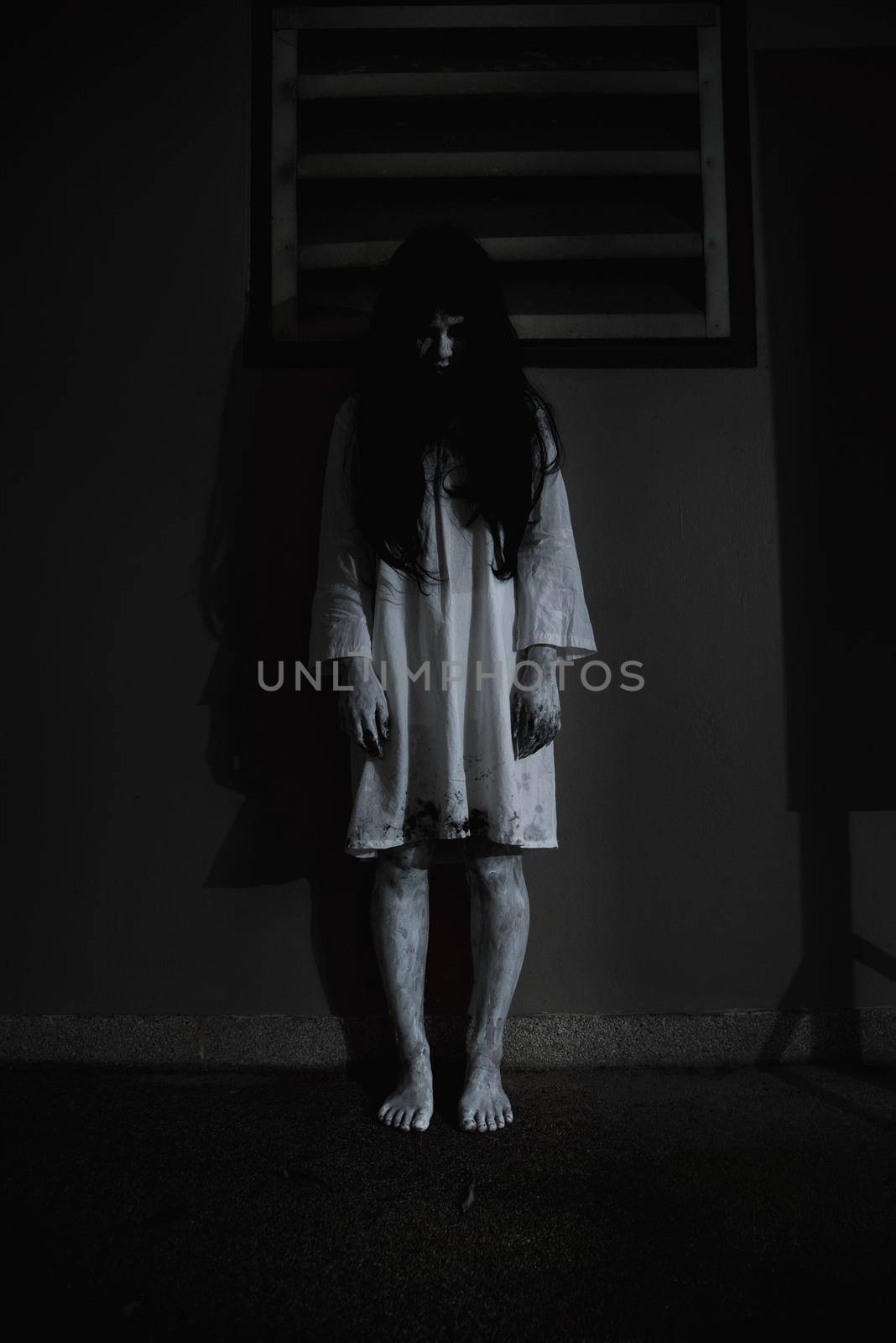 Woman ghost horror face her standing looking eyes, by Sorapop