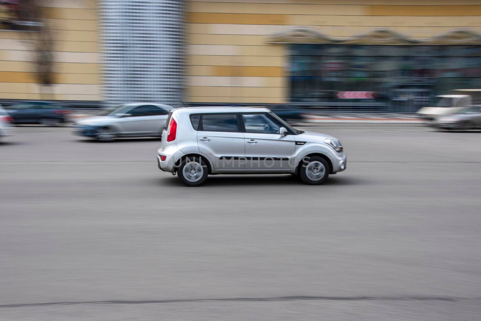 Ukraine, Kyiv - 26 April 2021: Silver KIA Soul car moving on the street. Editorial