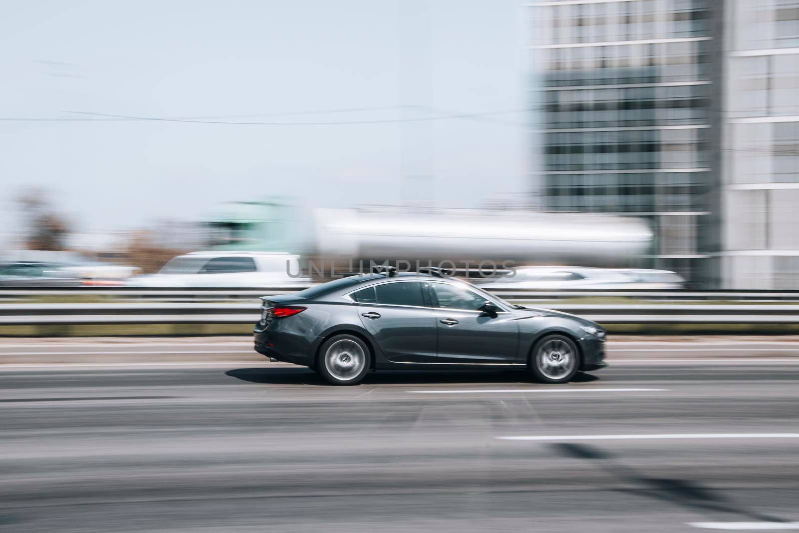 Ukraine, Kyiv - 29 April 2021: Gray Hyundai Sonata car moving on the street. Editorial