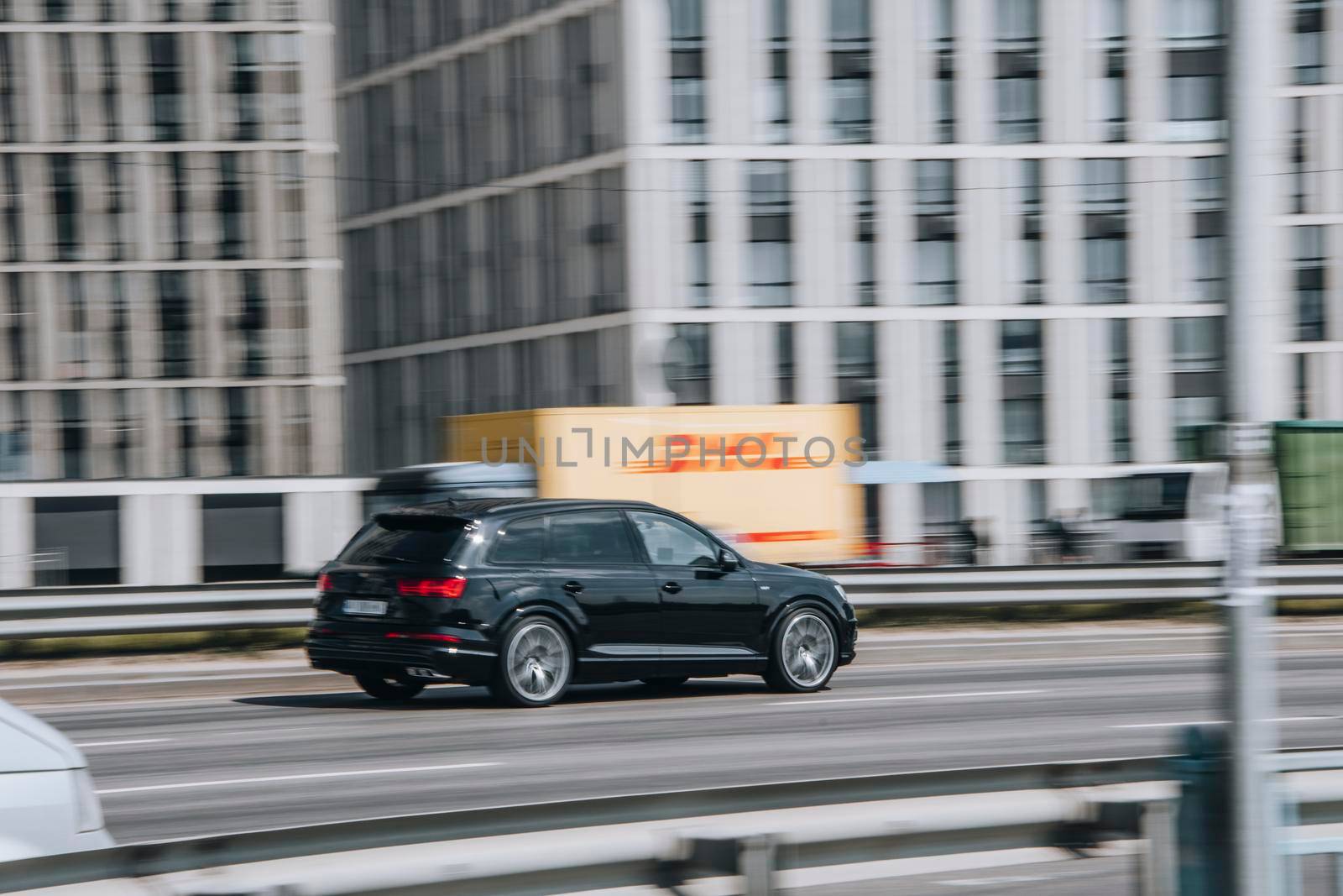 Ukraine, Kyiv - 29 April 2021: Black Audi Q7 car moving on the street. Editorial