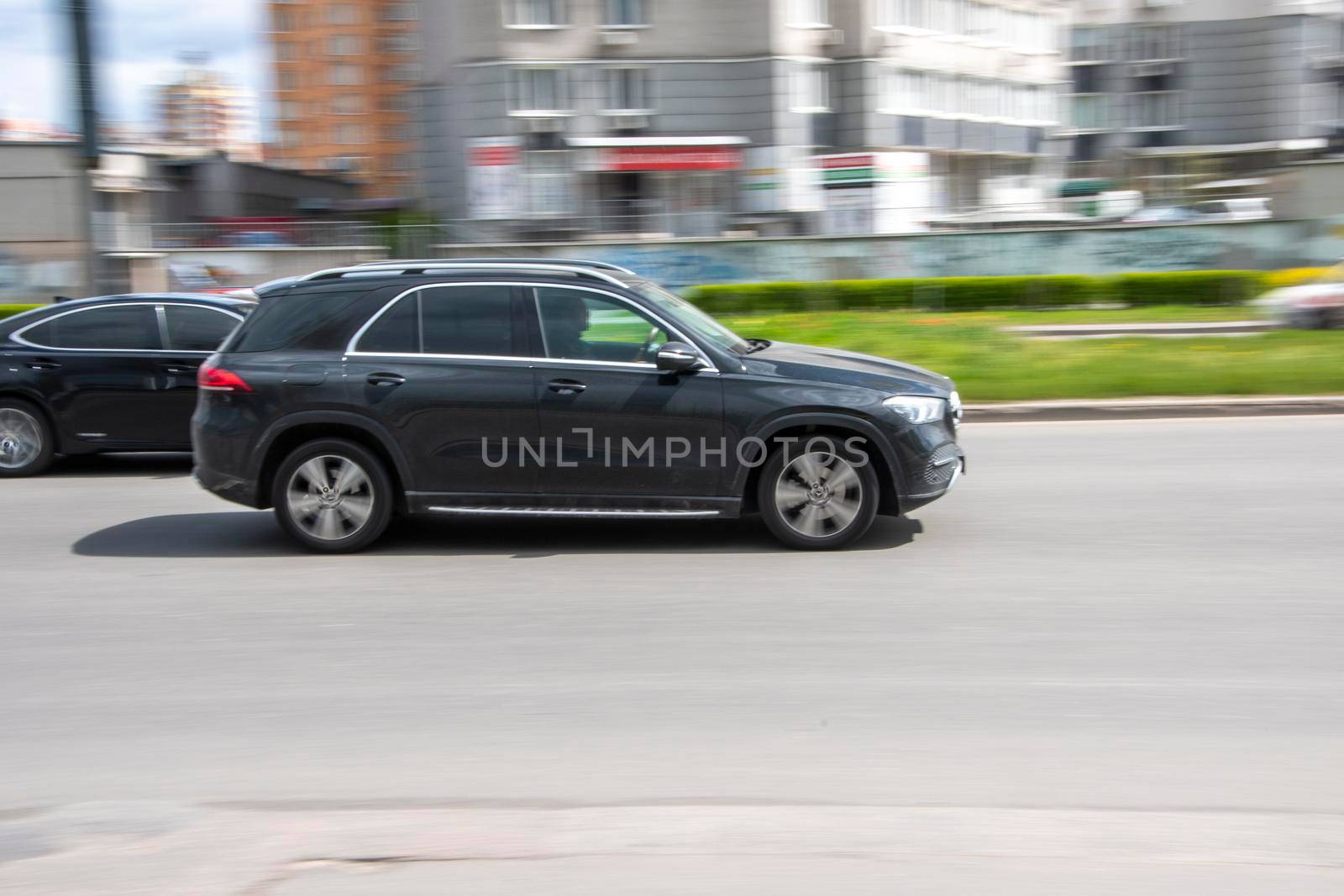 Ukraine, Kyiv - 26 April 2021: Gray Mercedes-Benz GLE car moving on the street. Editorial