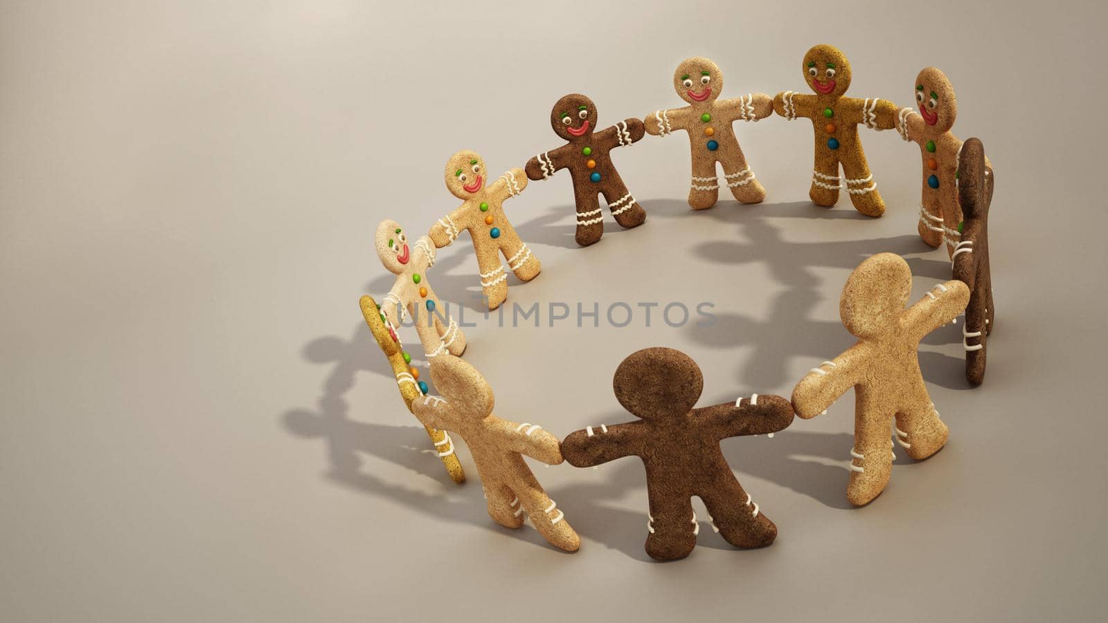 Gingerbread cookie men holding hands isolated on white. 3D illustration by Simsek