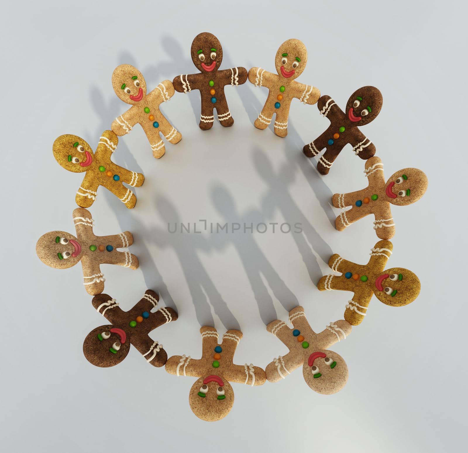 Gingerbread cookie men holding hands isolated on white. 3D illustration.