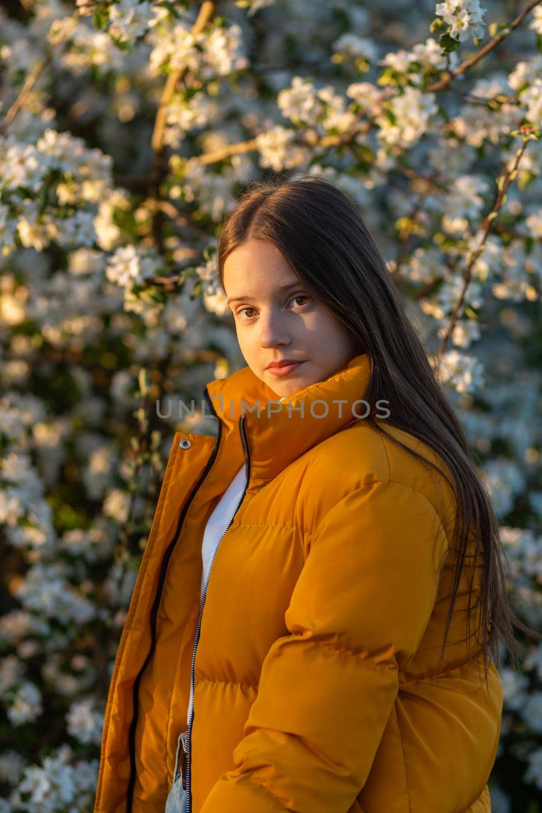 Portrait of a beautiful casual weared teenage girl outdoors in spring. A girl poses in a blooming spring garden.