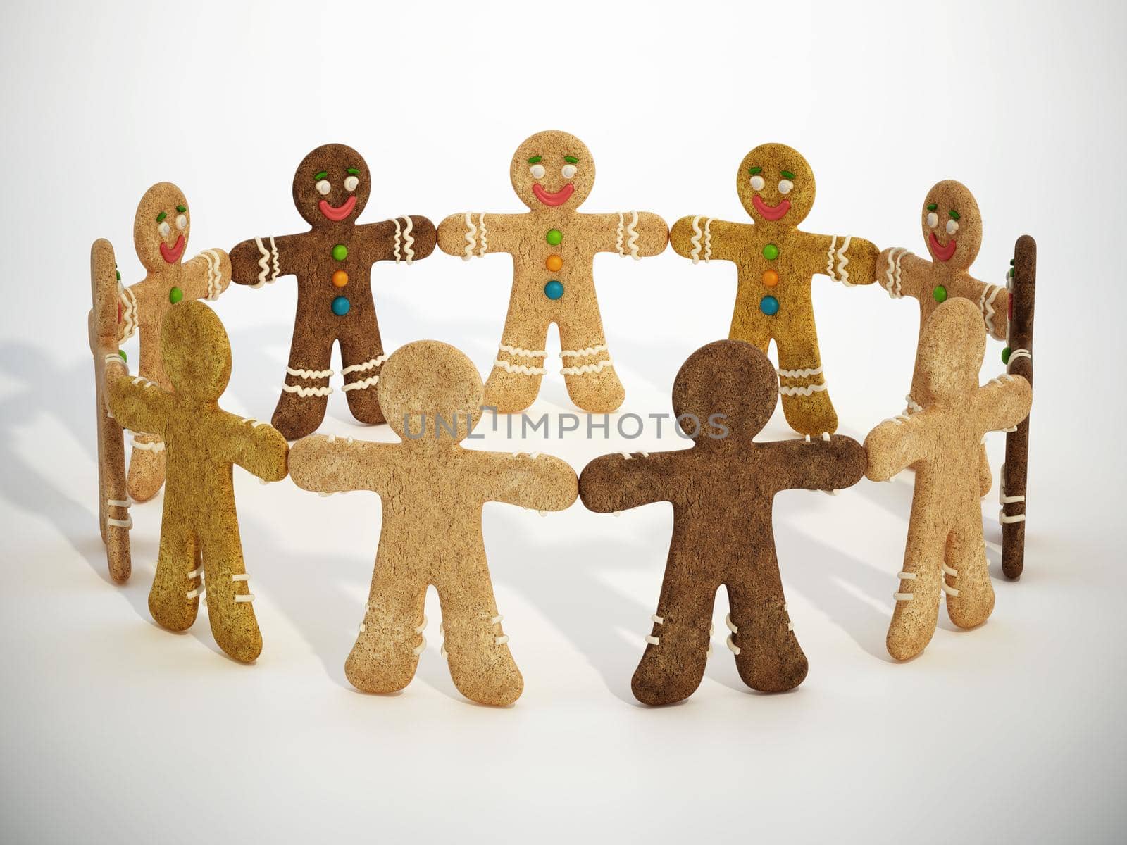 Gingerbread cookie men holding hands isolated on white. 3D illustration by Simsek