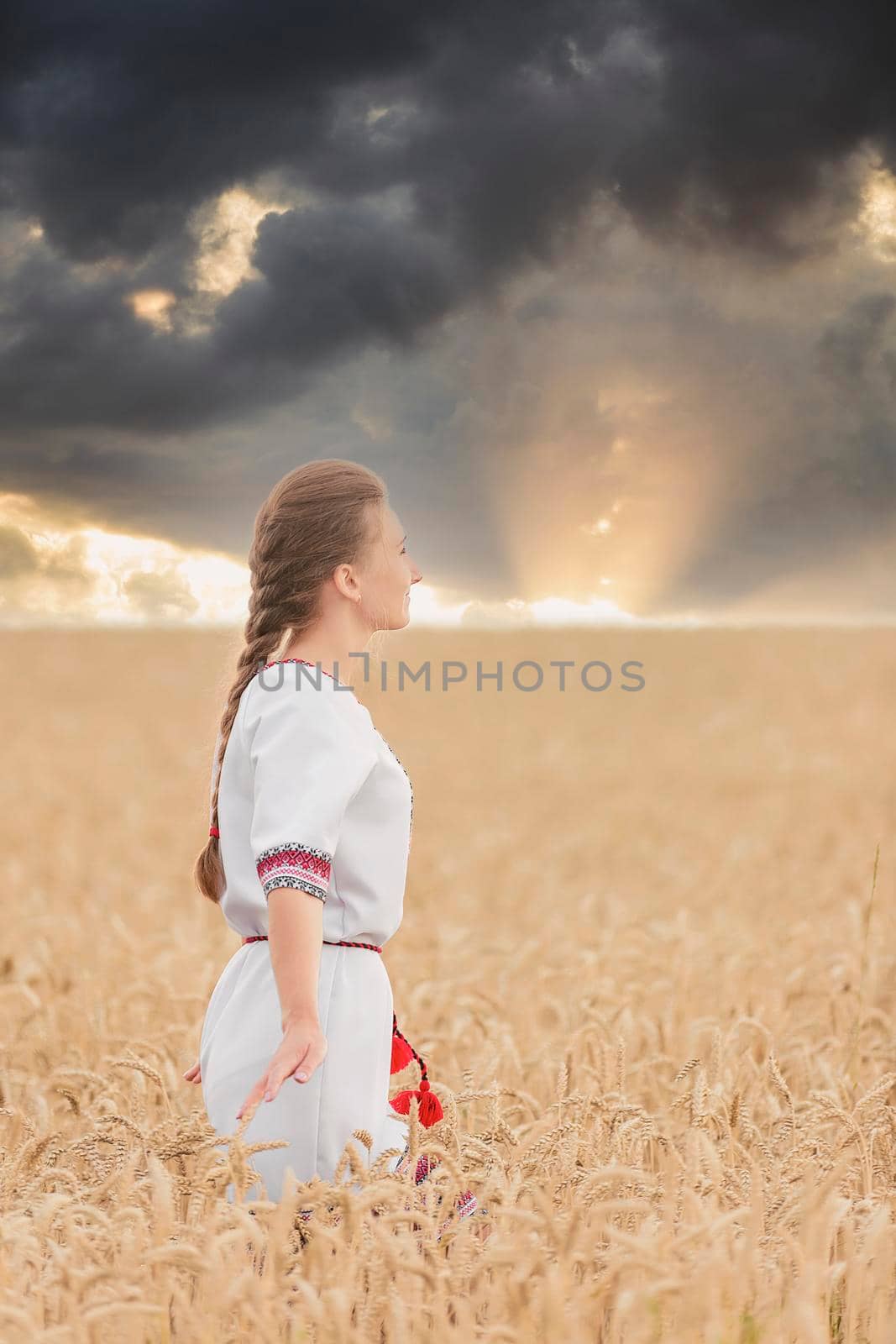 girl in an embroidered shirt on a wheat field and a sunset sky