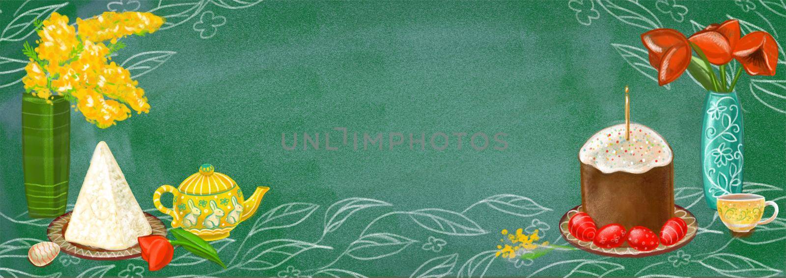Banner with space for the title. Easter holiday table, tea party. A heartfelt illustration of a sketch on a green background for the design of a website or social networks.