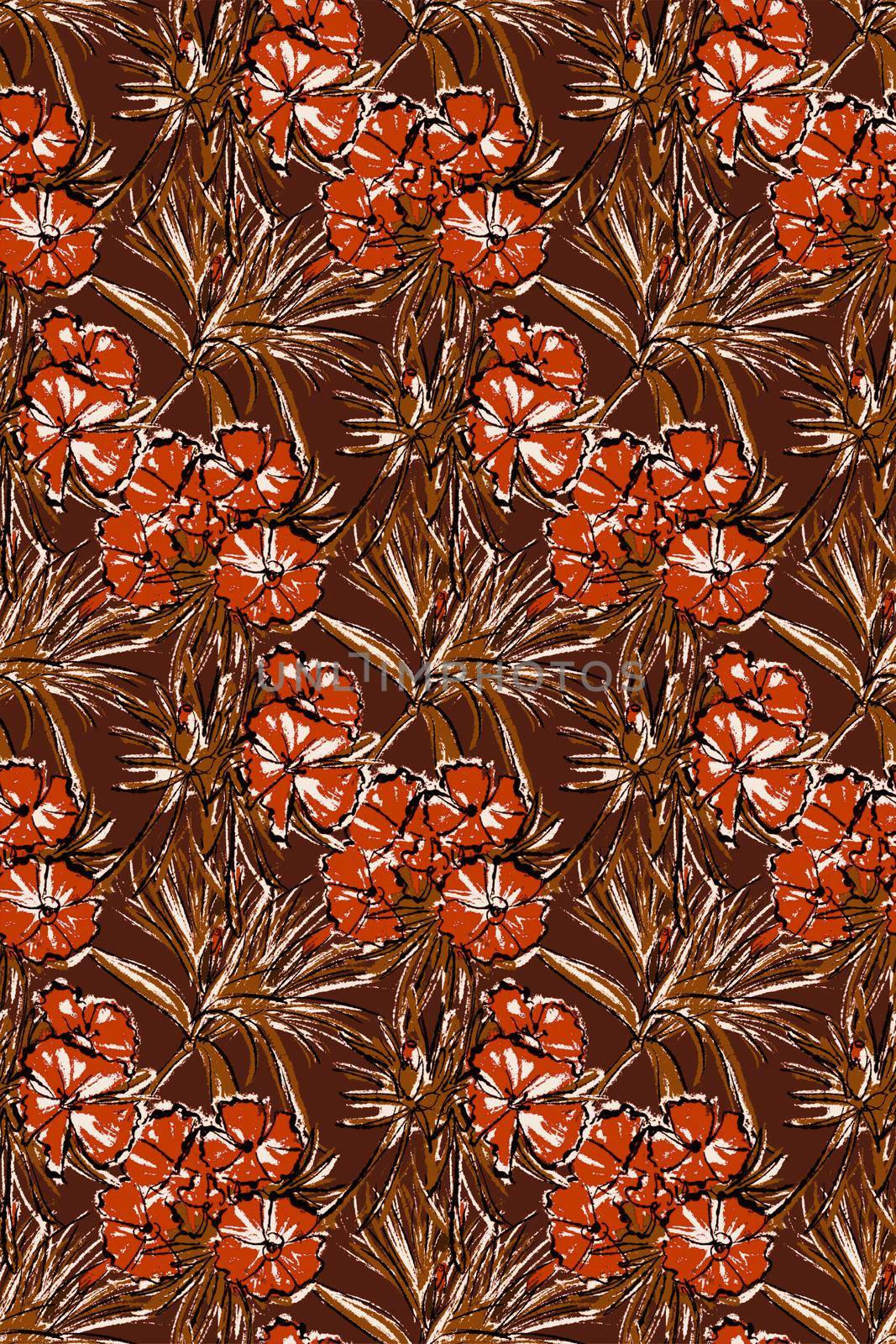 Seamless pattern. On a brown background, orange carnation flowers, large binding.