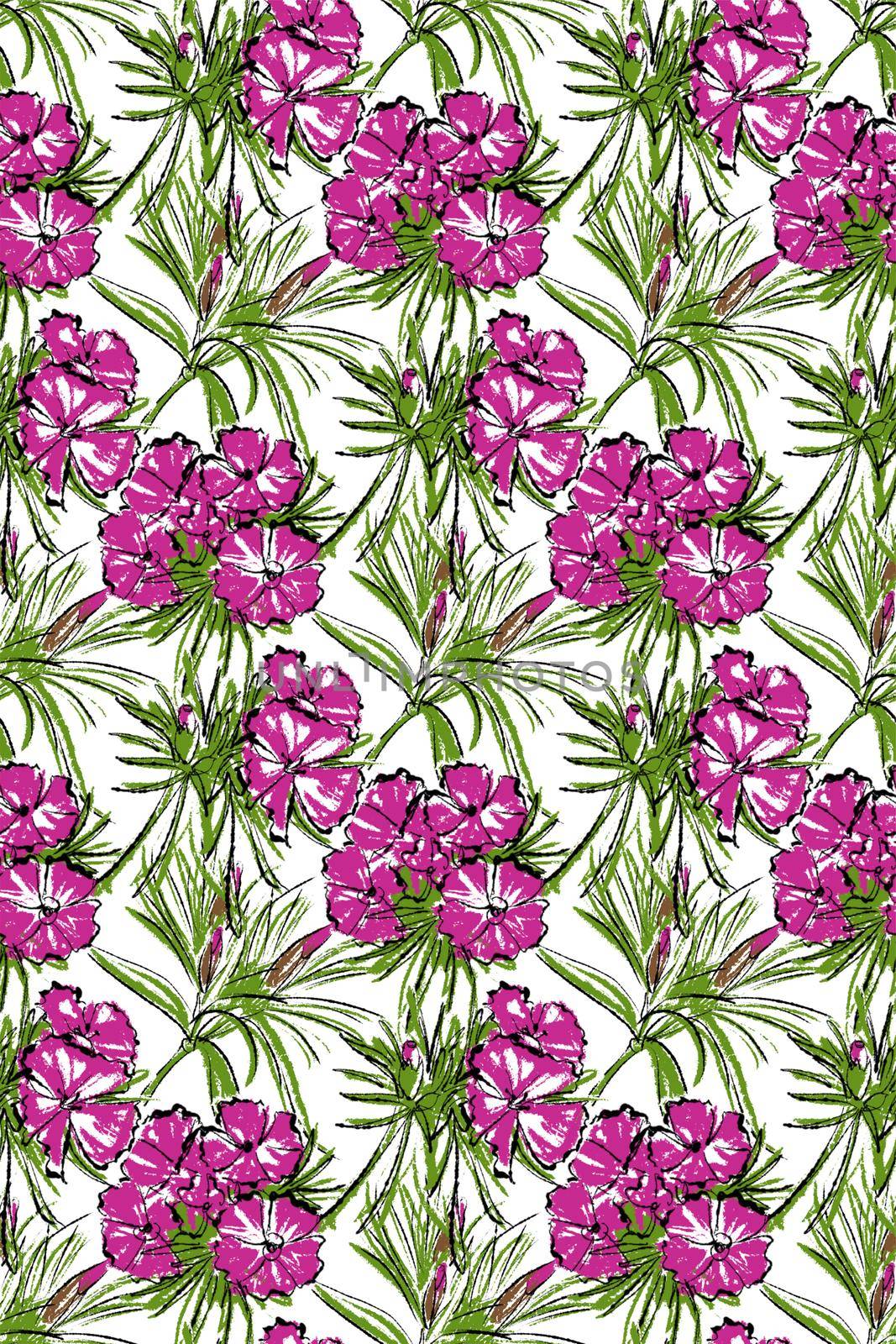 Seamless pattern. On a white background, pink and purple carnation flowers, large binding.