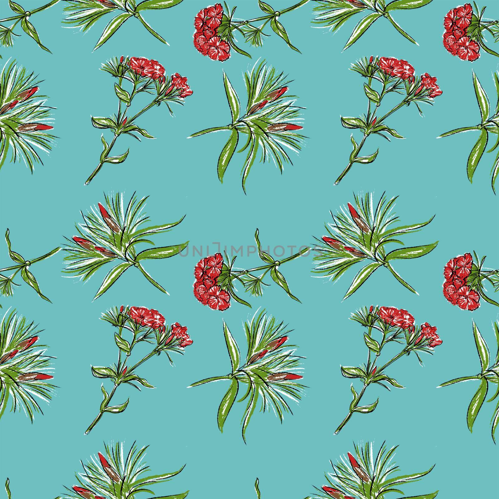 Seamless pattern. On a blue background, orange carnation flowers, rare.