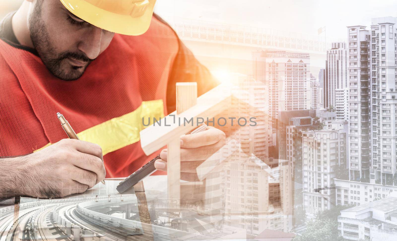 Future building construction engineering project concept with double exposure graphic design. Building engineer, architect people or construction worker working with modern civil equipment technology.