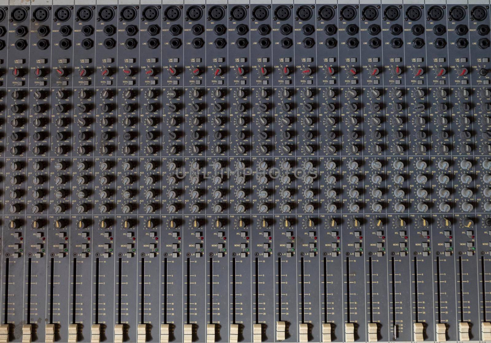 analogic mixer Panel with more cursor used to create music.