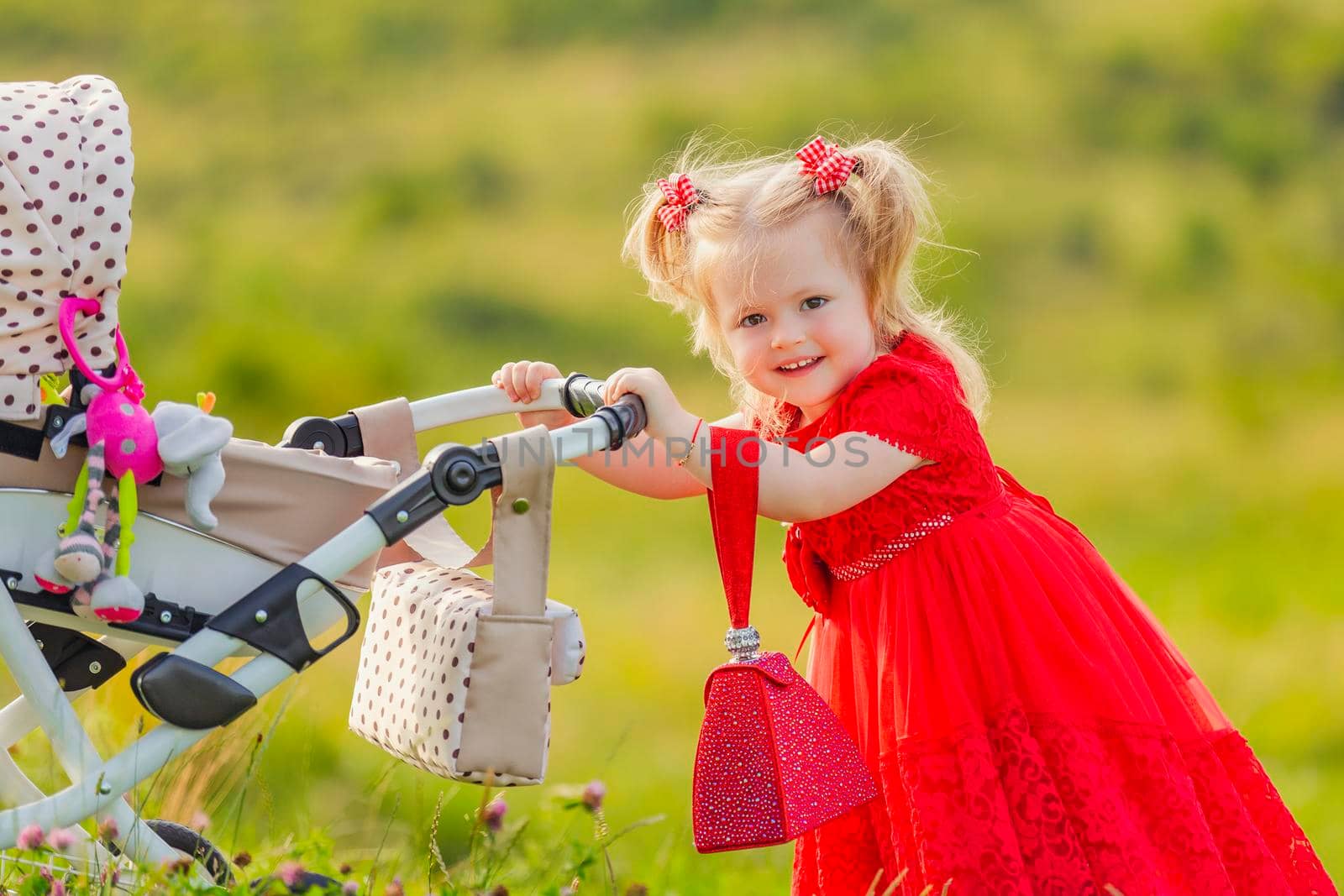 a girl rolls her doll on a toy stroller