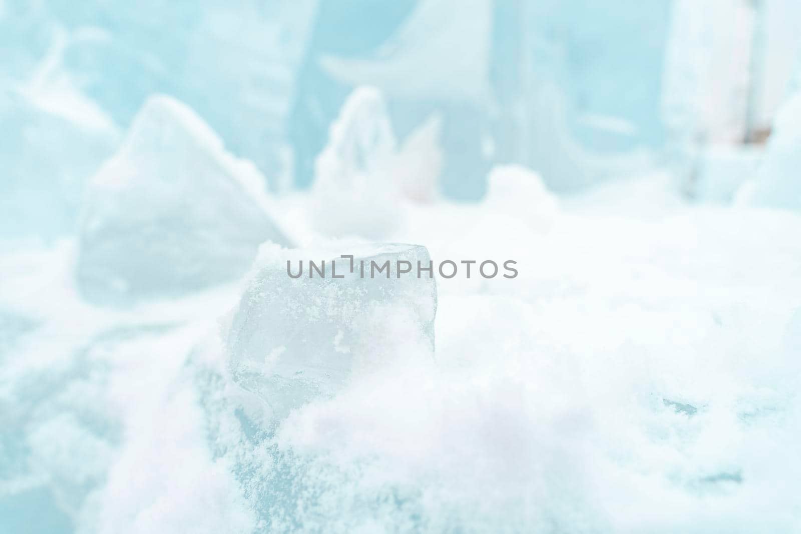 Blue ice. Winter snowy landscape. Winter nature. Snowy russian winter.