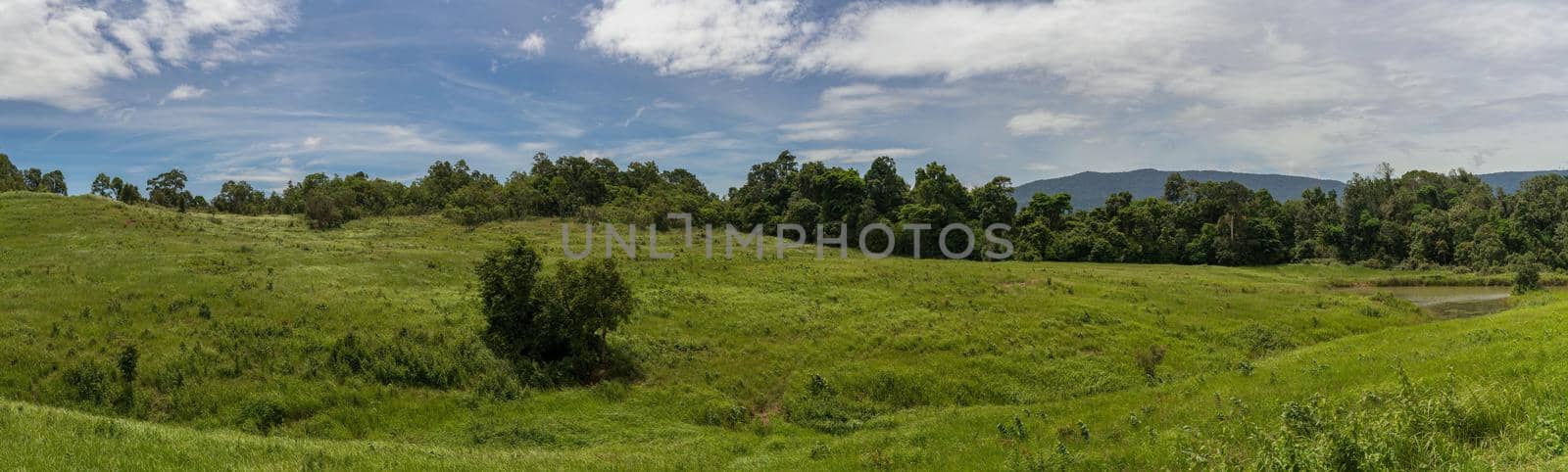 Panoramic mountain landscape in Khao Yai, Nakhon Ratchasima, Thailand. Green grassland and bright blue sky in summer.