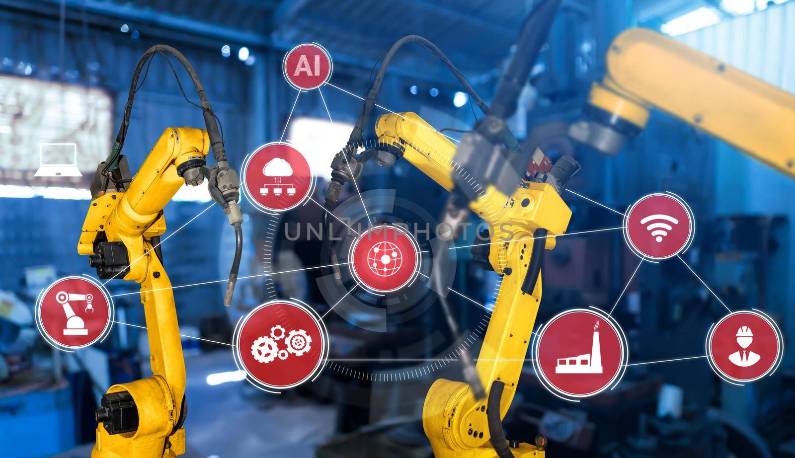 Smart industry robot arms for digital factory production technology showing automation manufacturing process of the Industry 4.0 or 4th industrial revolution and IOT software to control operation .