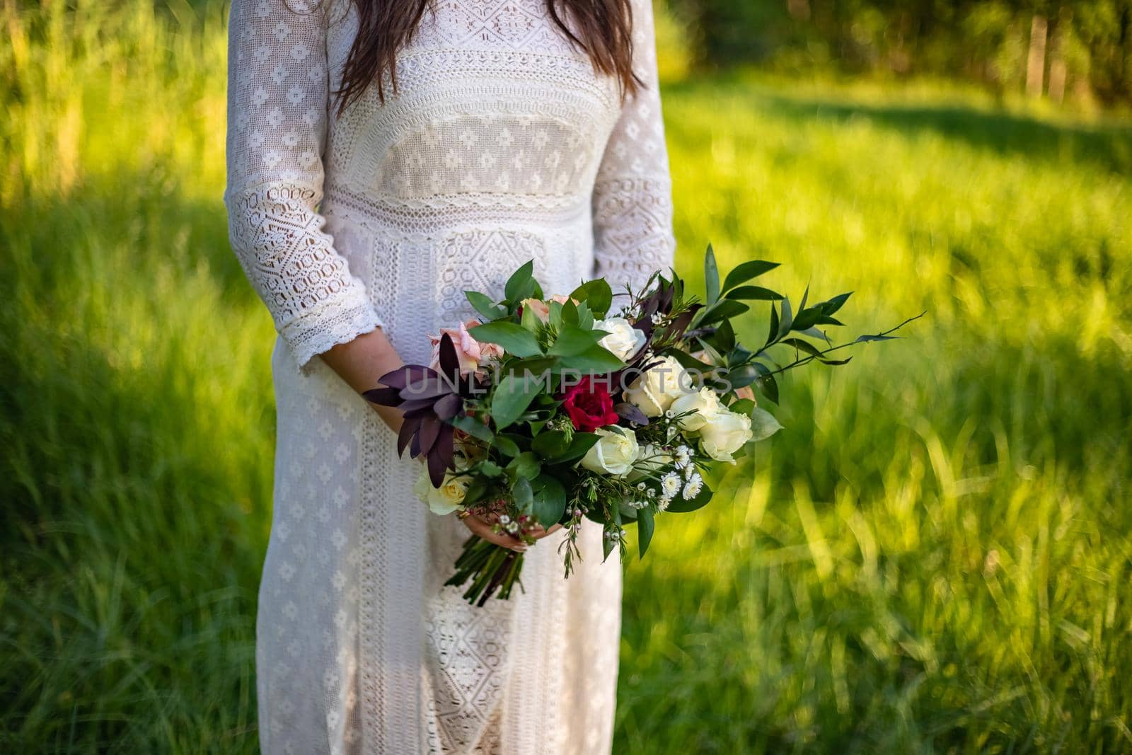 Beautiful Bride wedding day outdoors, happy newlywed woman with marriage flowers bouquet. by Anyatachka