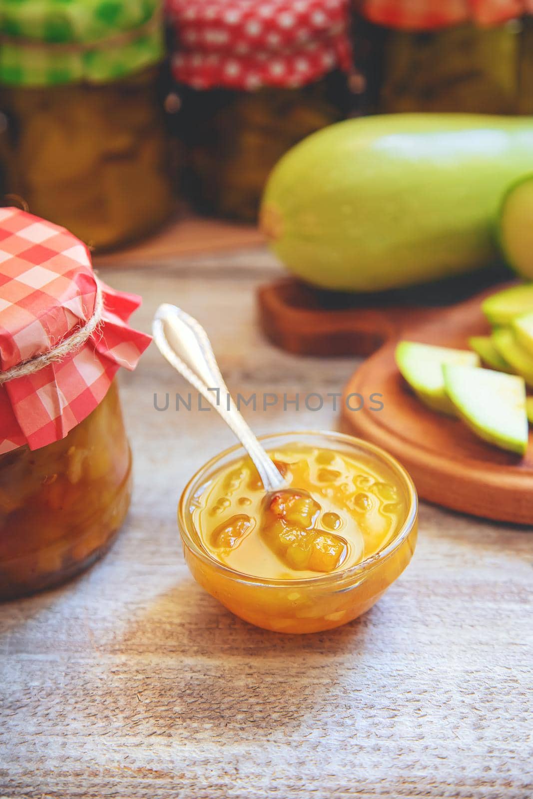Zucchini jam in a jar. Selective focus. Food.