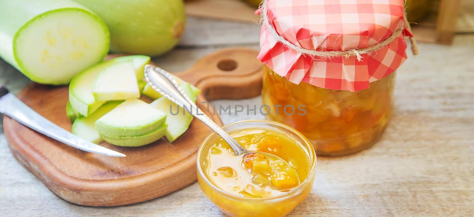 Preservation of zucchini. Zucchini jam. Selective focus Food