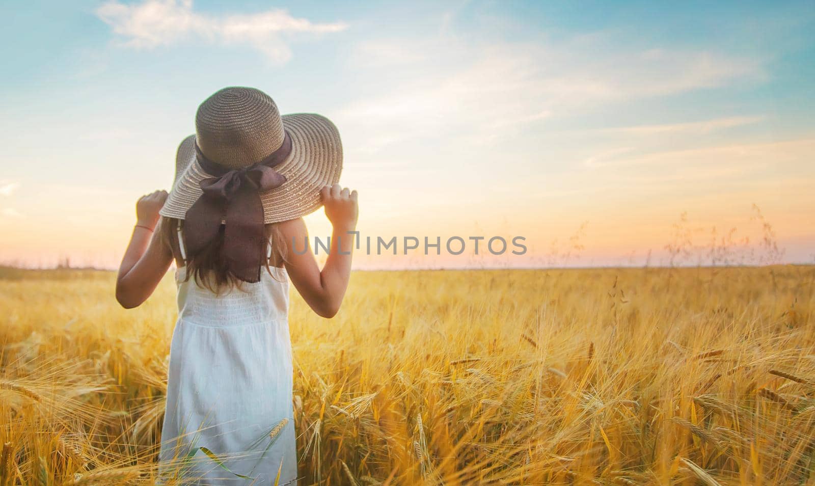 A child in a wheat field. Sunset. Selective focus. nature.