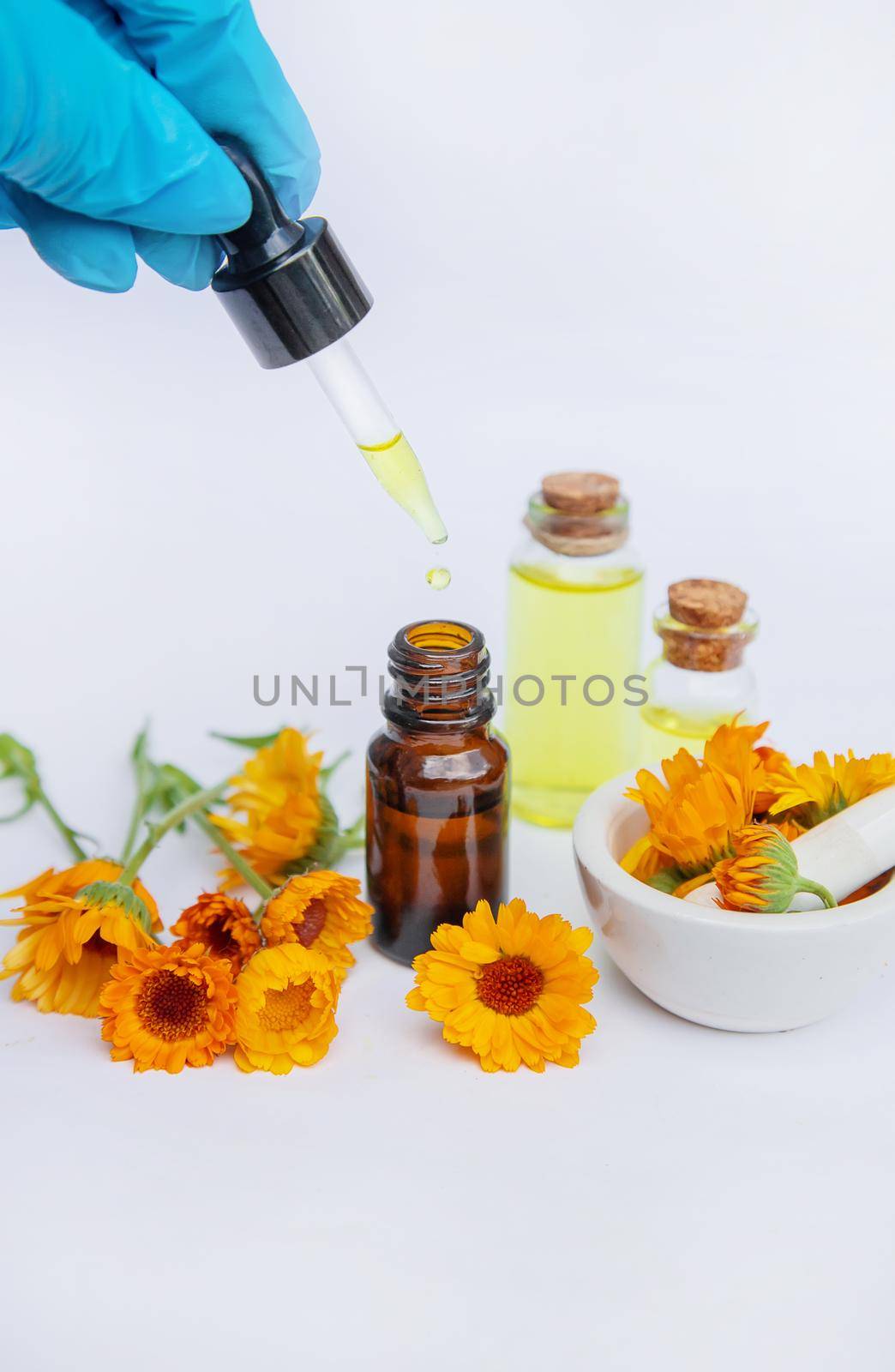 The calendula extract. Medicinal plants. Selective focus nature