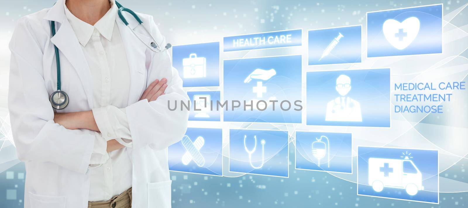 Doctor with Medical Healthcare Graphic in Hospital by biancoblue