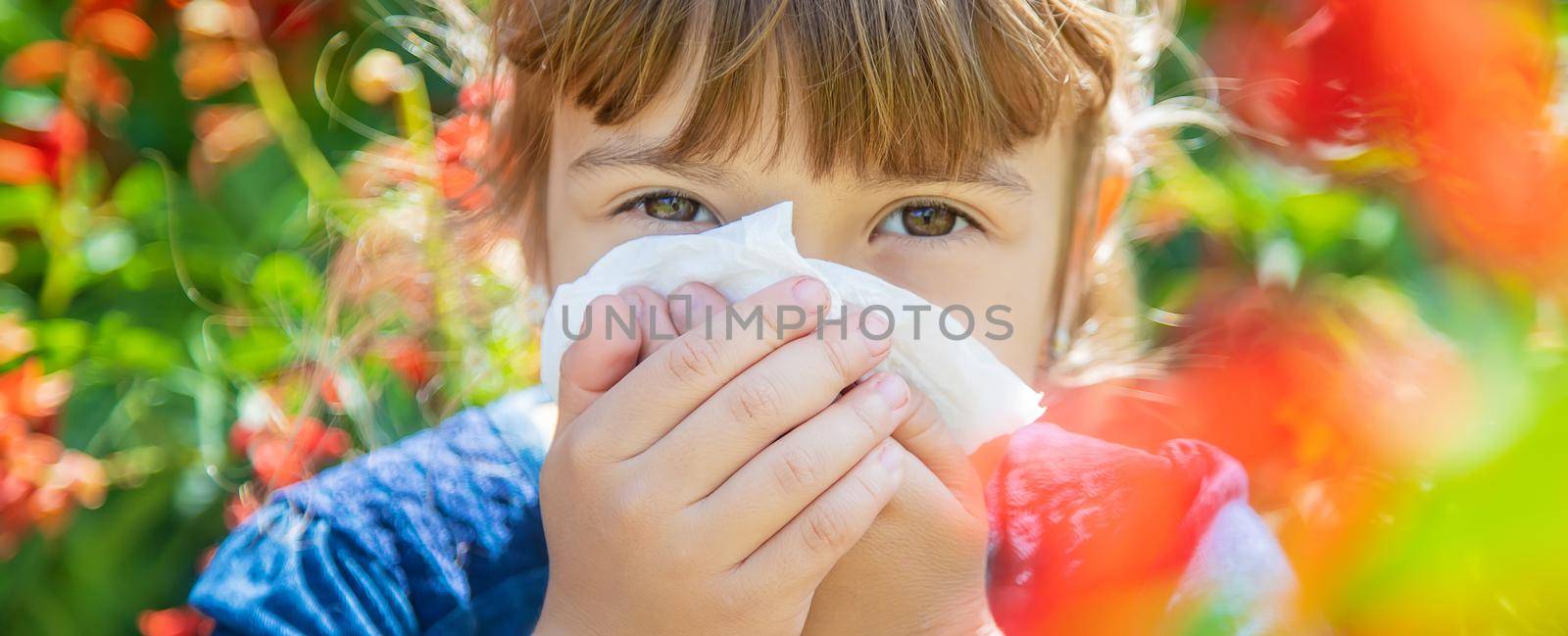 Seasonal allergy in a child. Coryza. Selective focus.