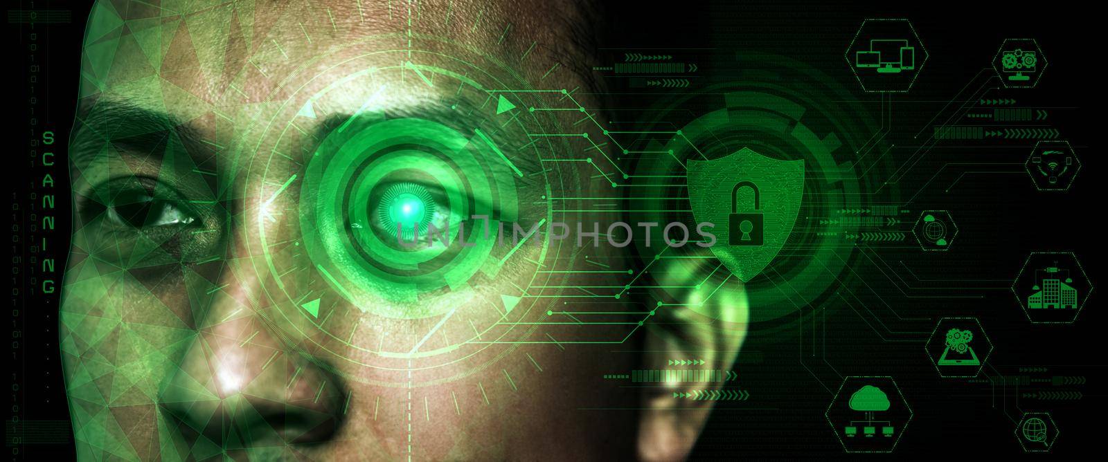 Future cyber security data protection by biometrics scanning with human eye to unlock and give access to private digital data. Futuristic technology innovation concept.