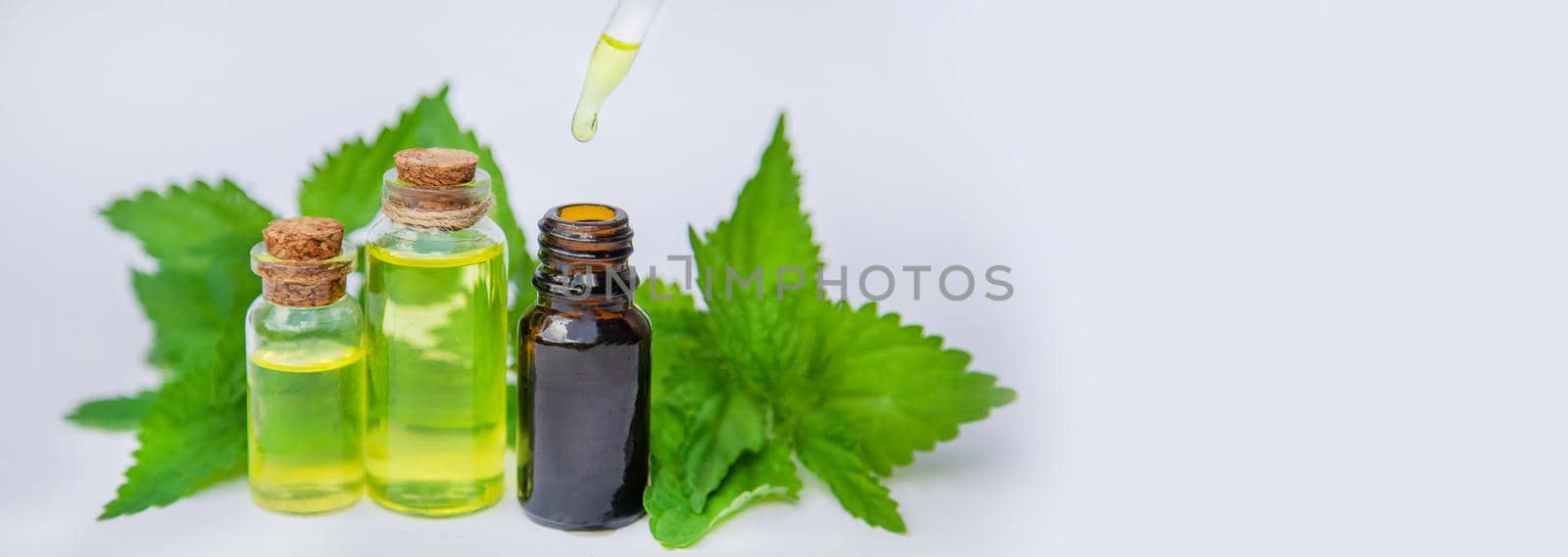 the nettle extract in a small jar. Selective focus. nature.