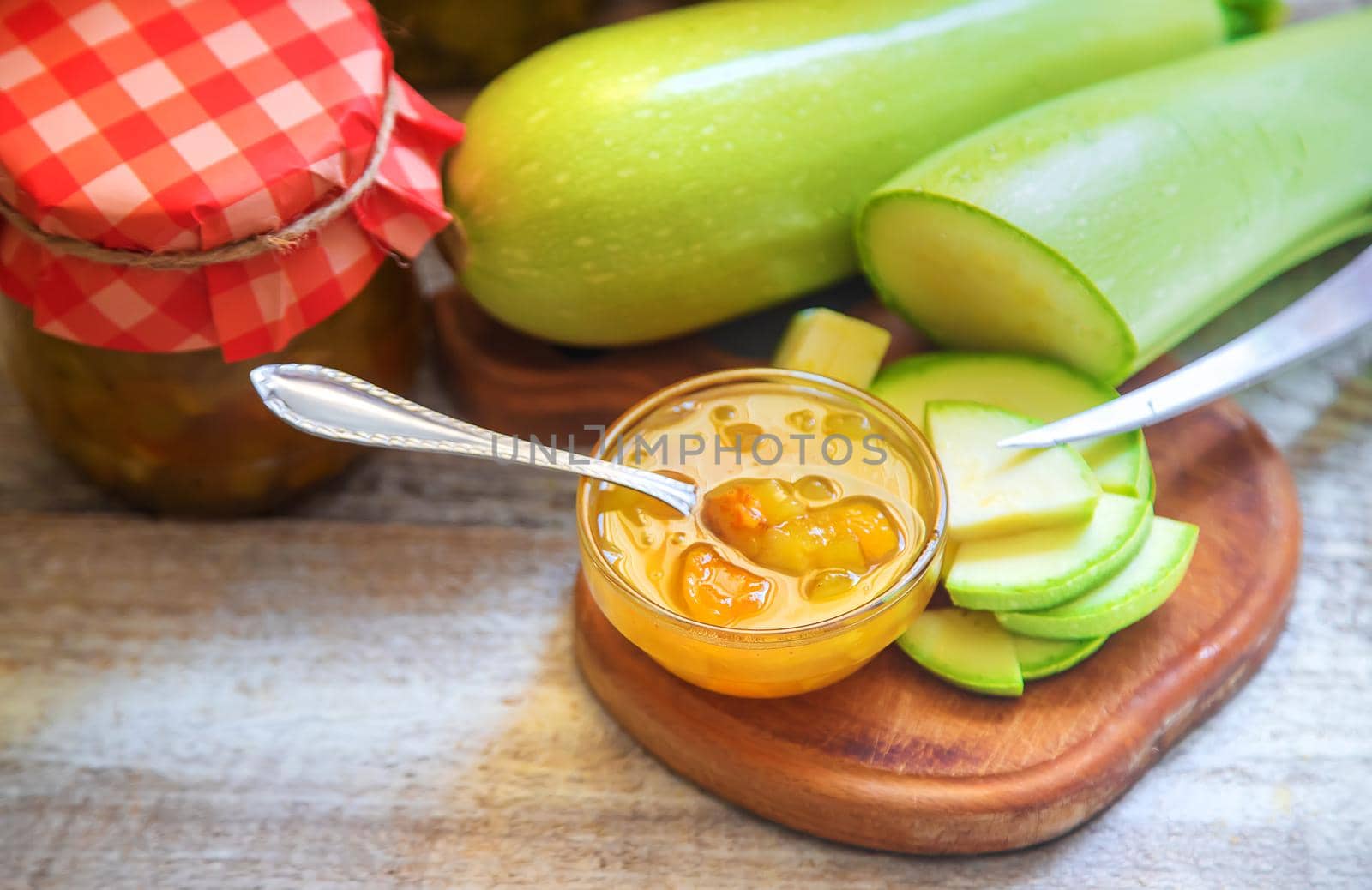 Zucchini jam in a jar. Selective focus. Food.