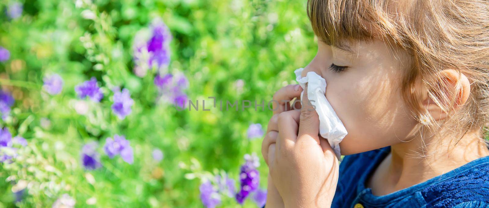 Seasonal allergy in a child. Coryza. Selective focus.