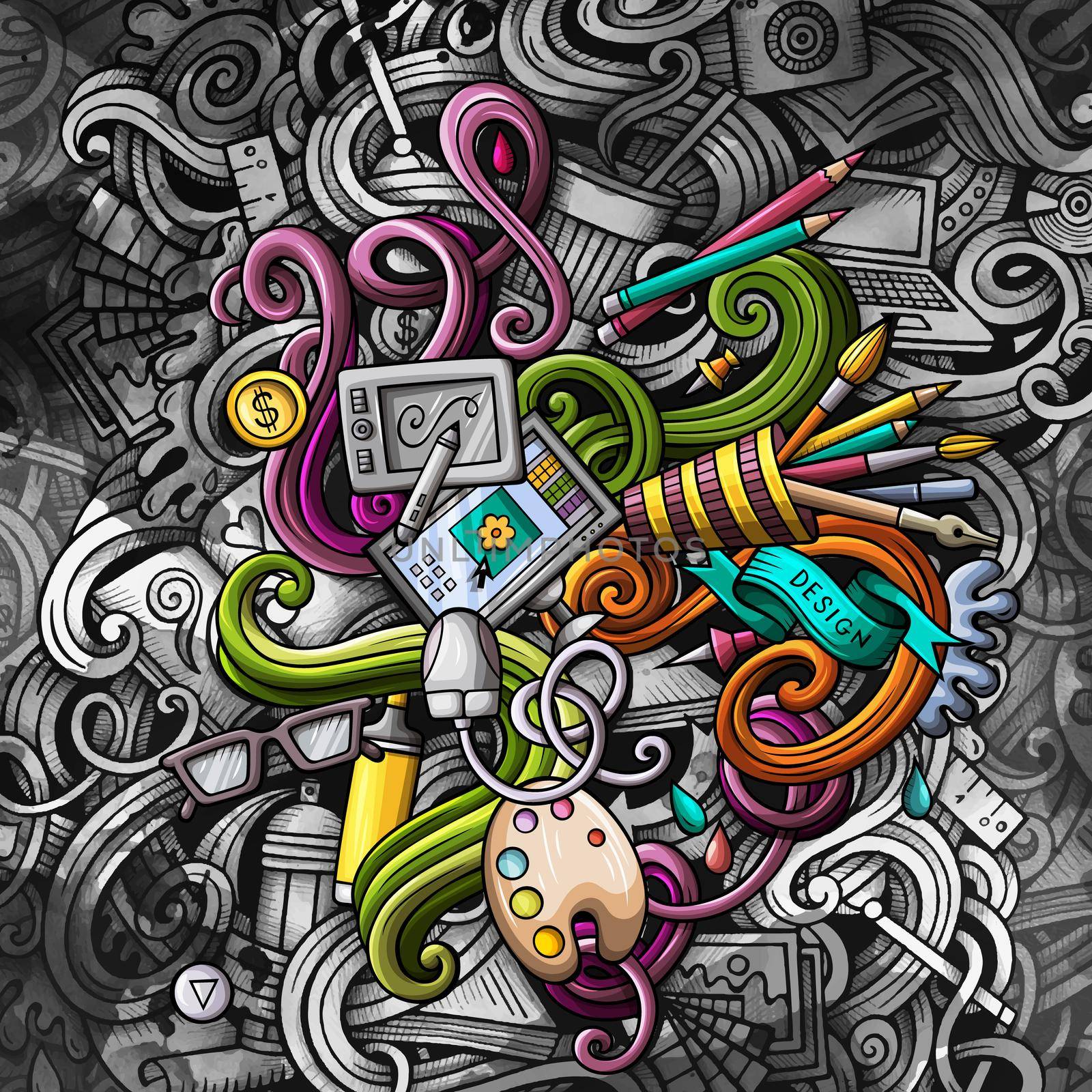 Doodles graphic designer illustration. Creative art background. Colorful stylish card design