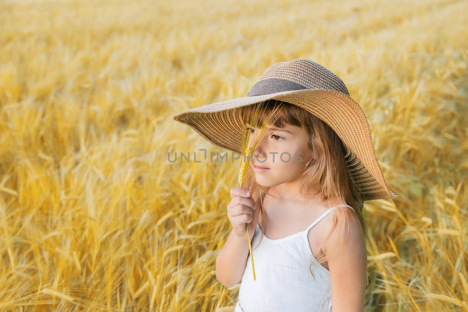 A child in a wheat field. Selective focus.