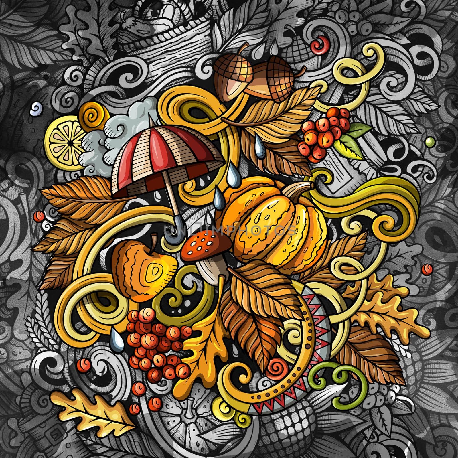 Doodles graphic grunge Autumn illustration. Creative background. Colorful fall design