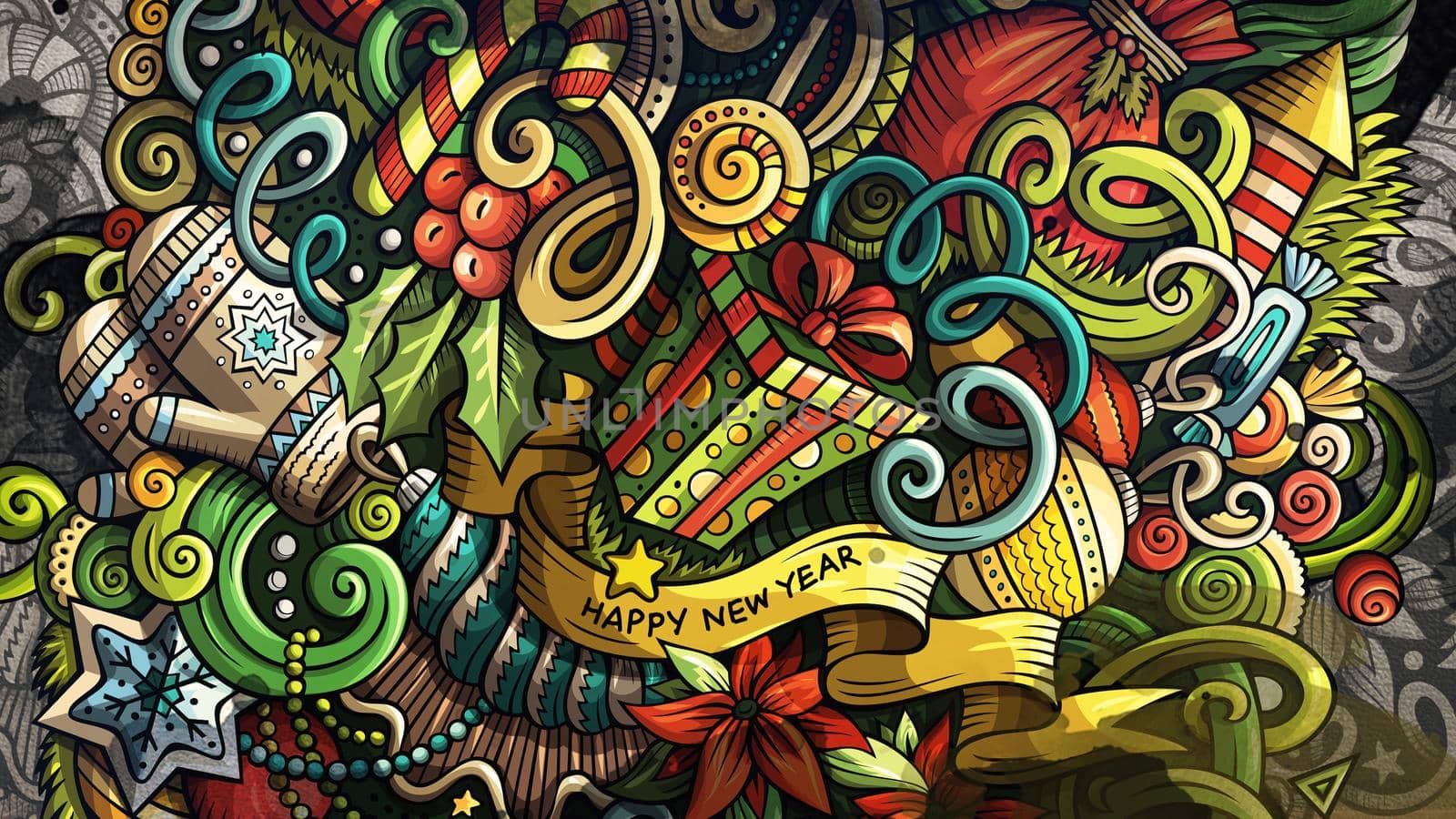 Doodles Happy New Year graphics illustration. Creative Merry Christmas art background. by balabolka