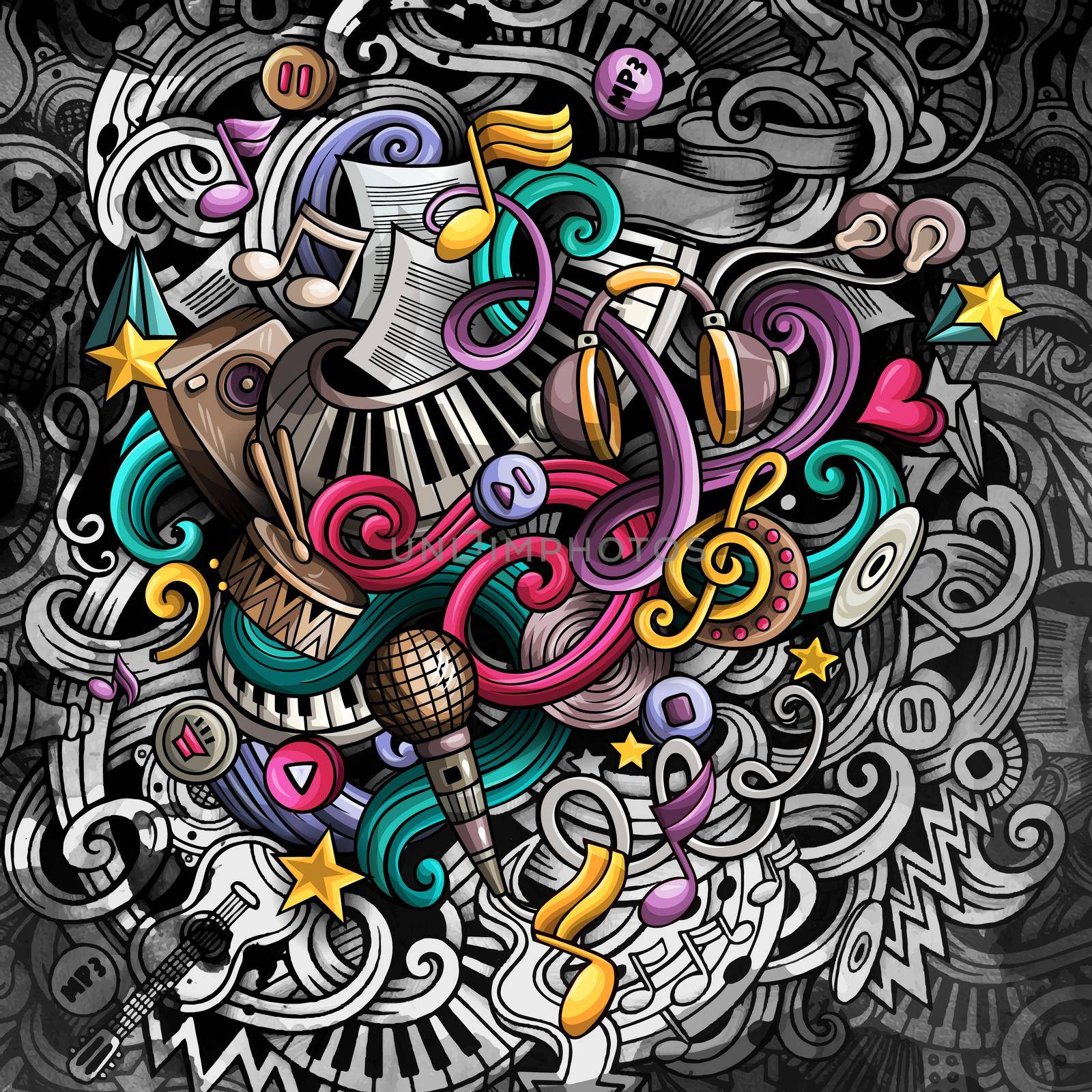 Doodles Music illustration. Creative musical background. Colorful stylish card design