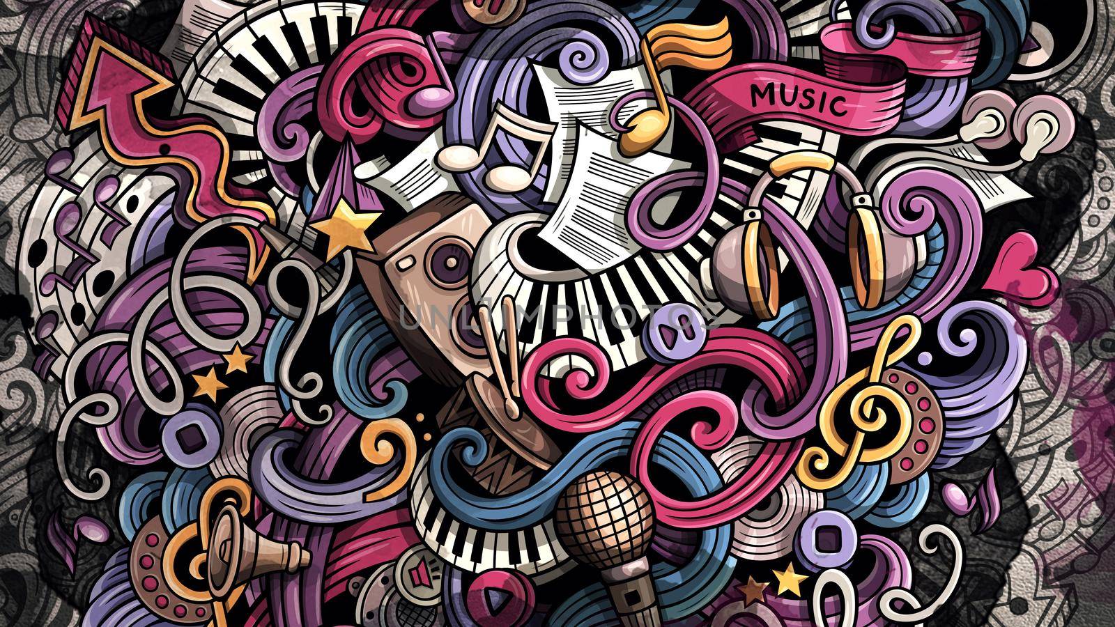 Doodles Musical illustration. Creative music background. Colorful stylish raster wallpaper.