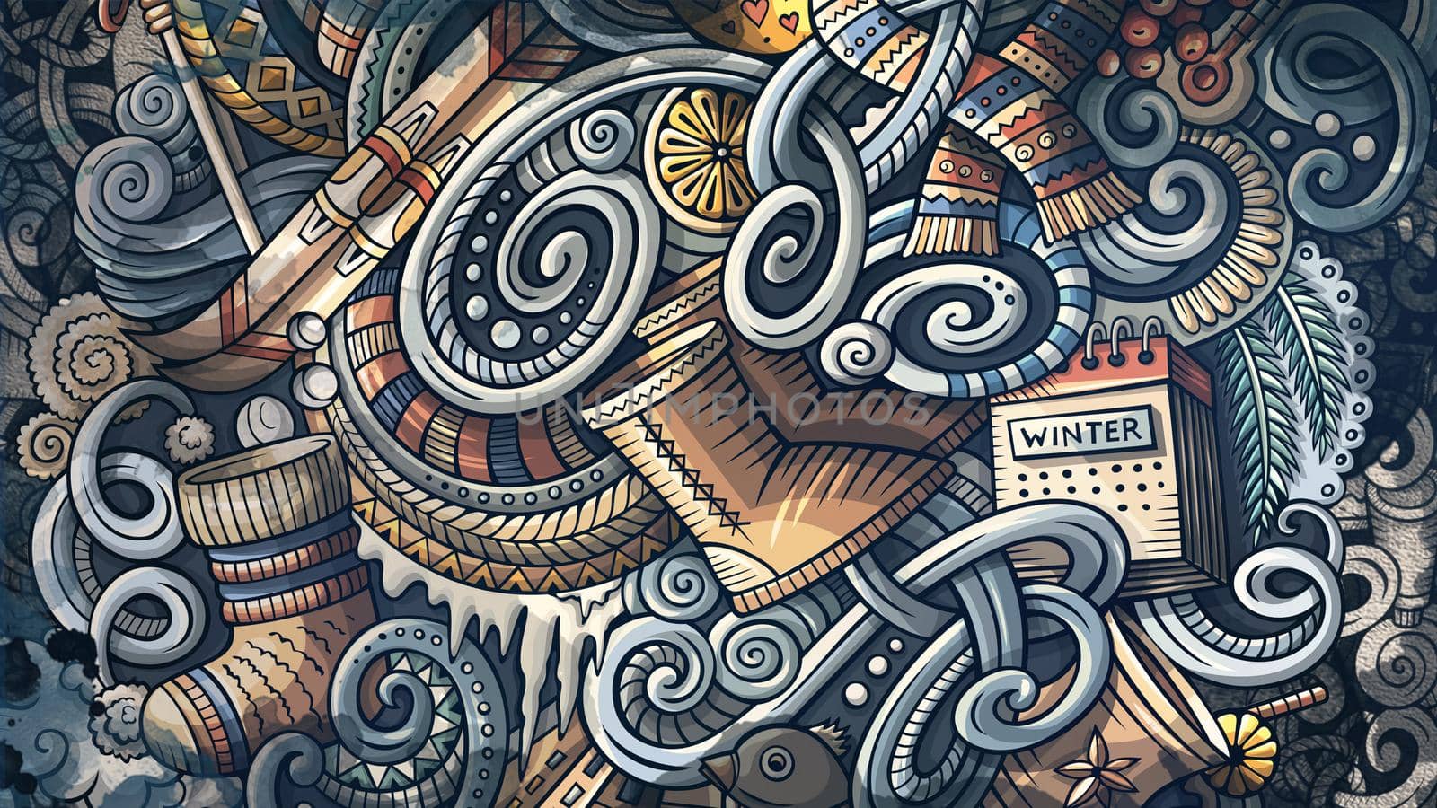Doodles Winter graphics illustration. Creative cold season art background. Colorful raster wallpaper.