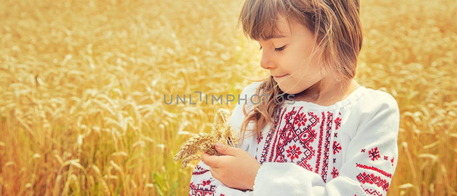 A child in a field of wheat in an embroidered shirt. Ukrainian. Selective focus.