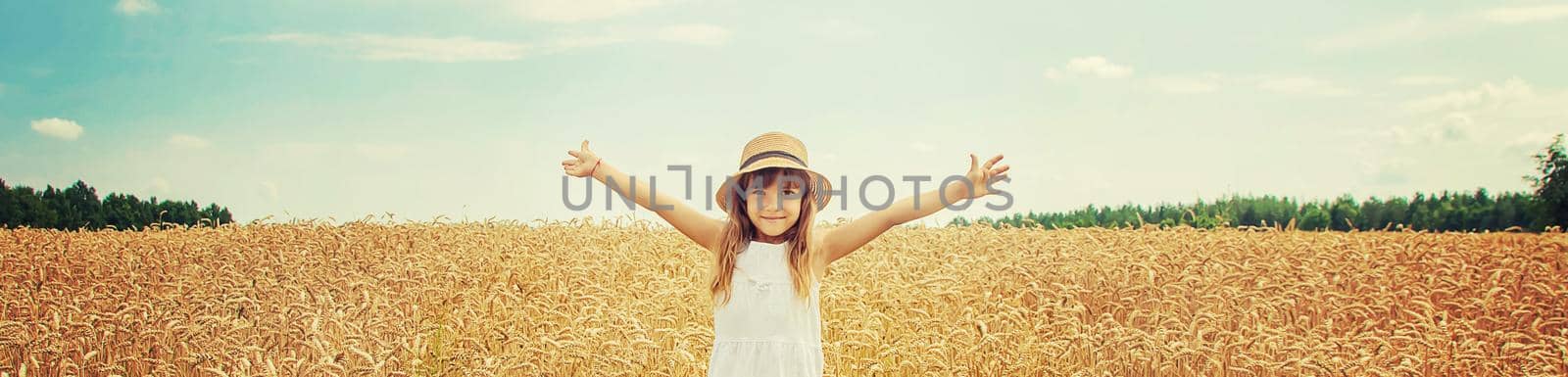 A child in a wheat field. Selective focus.