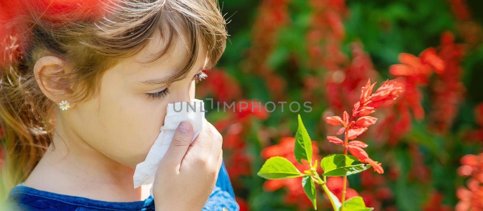 Seasonal allergy in a child. Coryza. Selective focus.