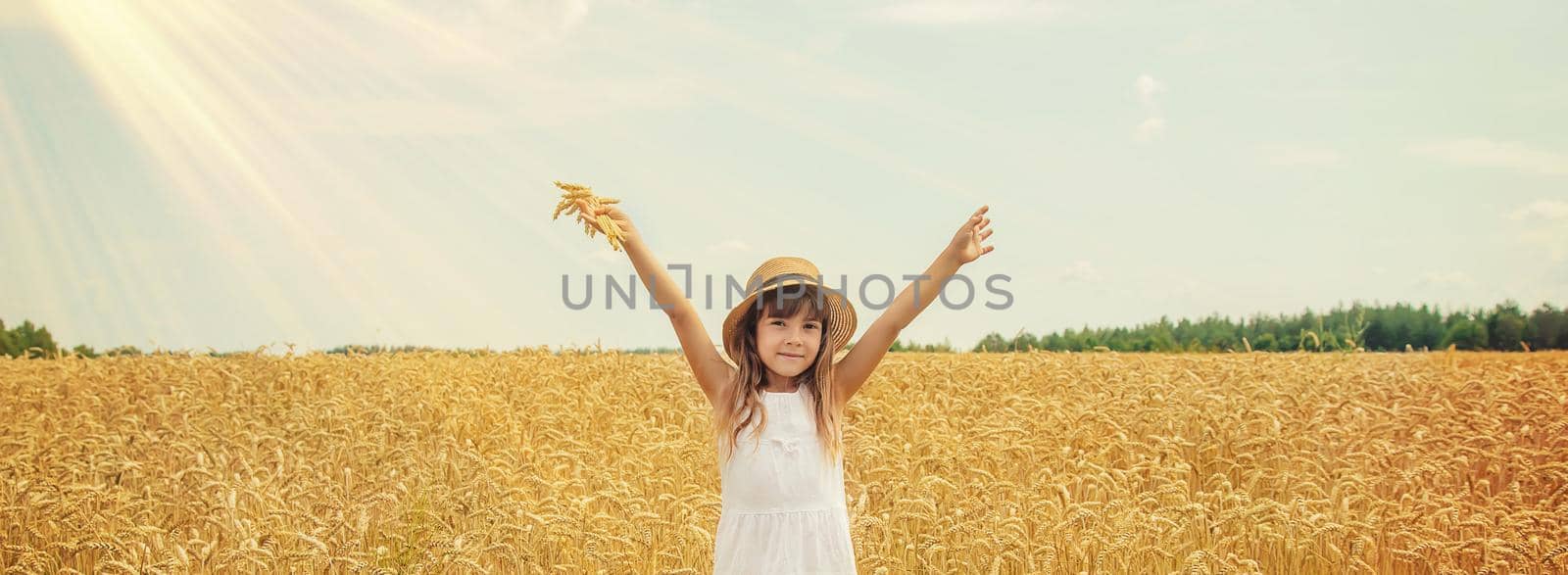 A child in a wheat field. Selective focus.