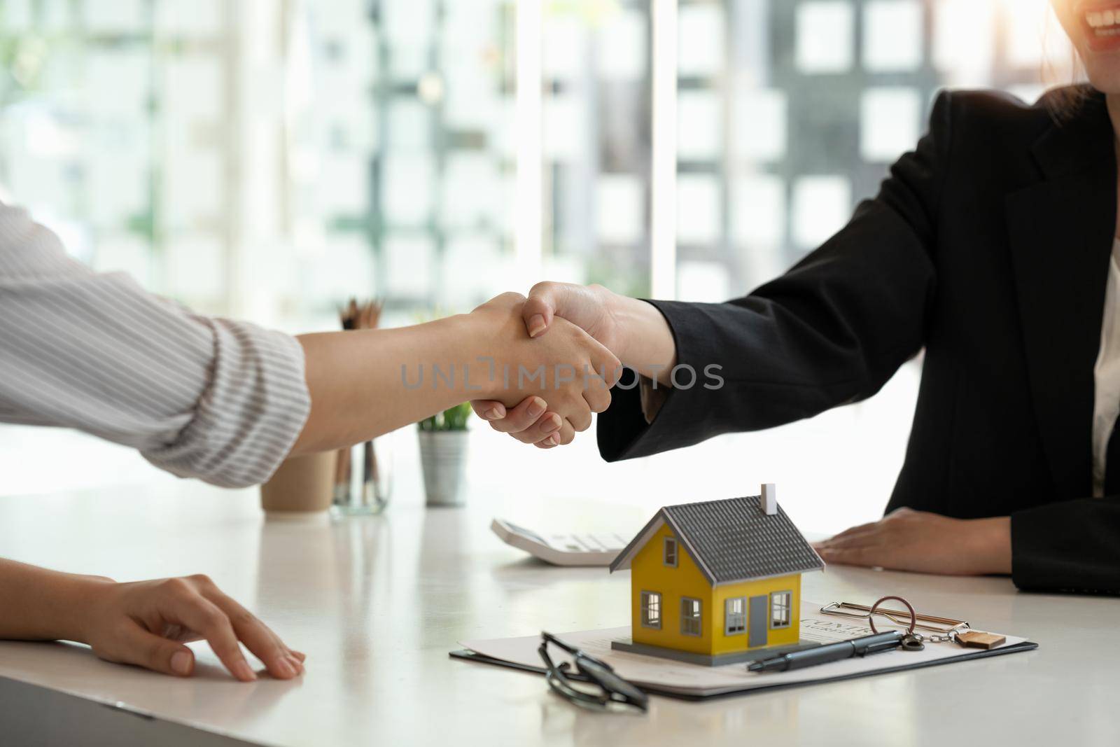 Real estate broker and customer shaking hands after signing a contract: real estate, home loan and insurance concept by nateemee