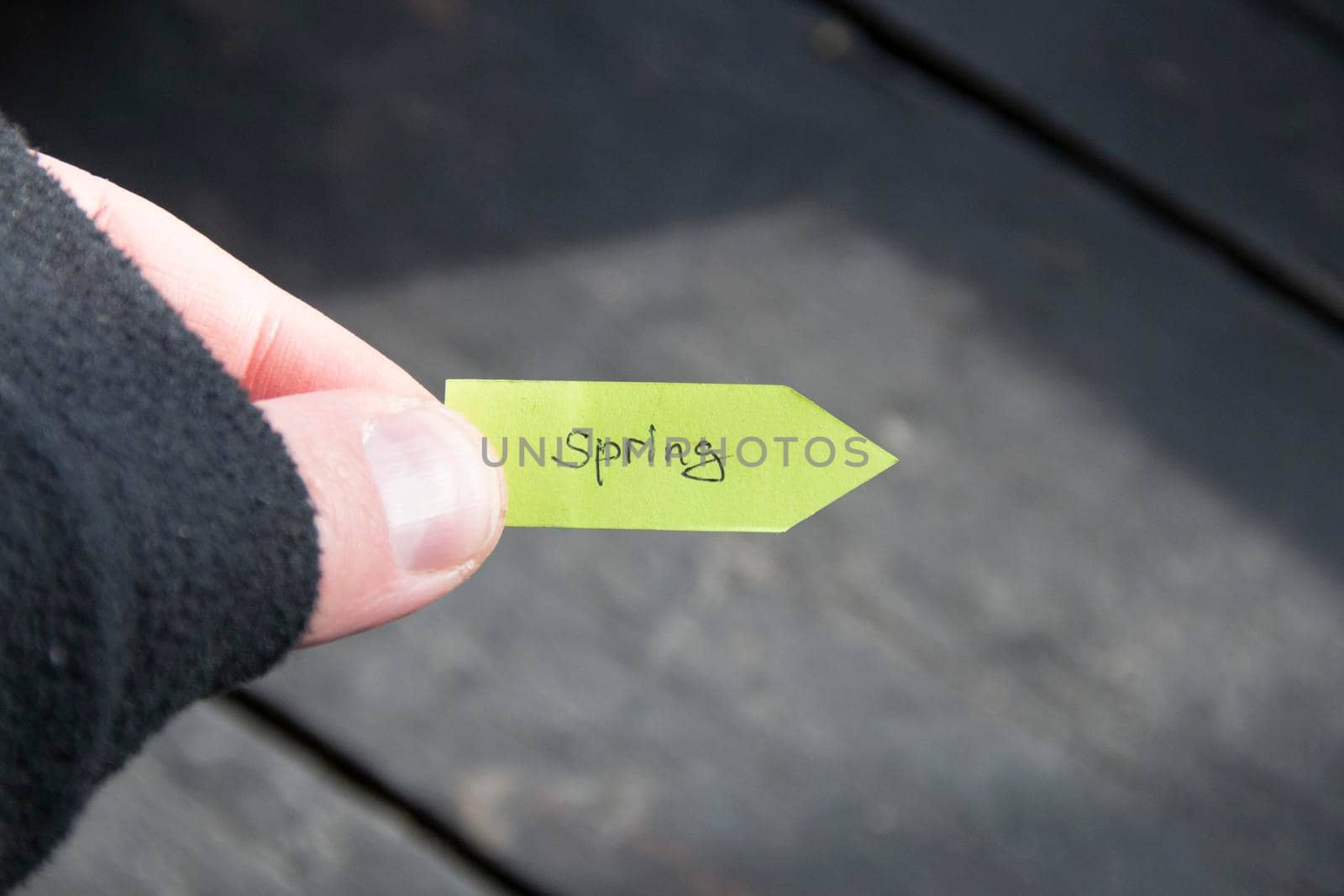 Spring concept. Text handwritten on green pointer. by Markgraf