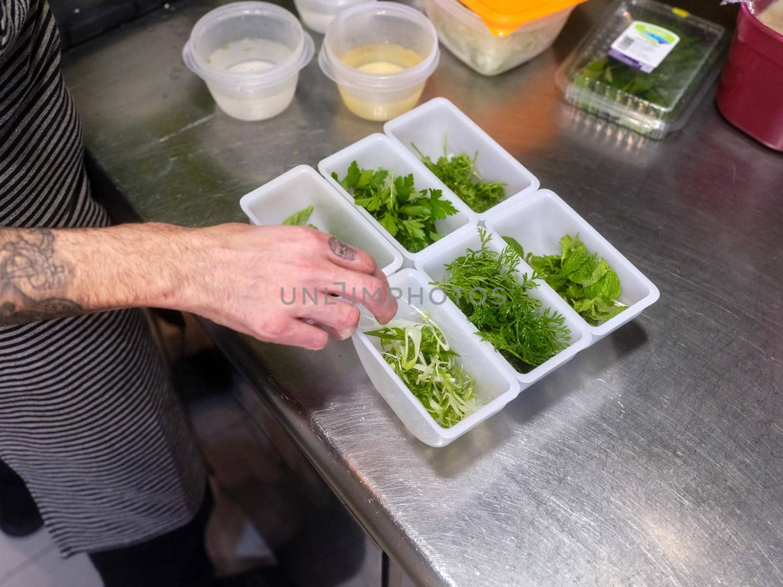 Close up view of a chef selecting herbs from a plastic organizer in a kitchen of a restaurant