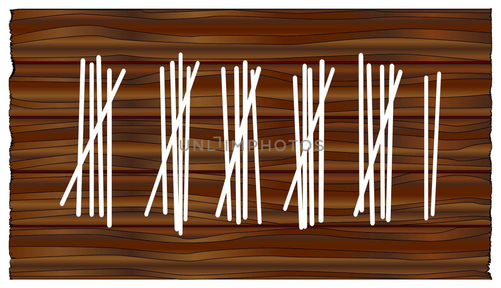 Wood boards with several Tally scratch marks engraved over a white background